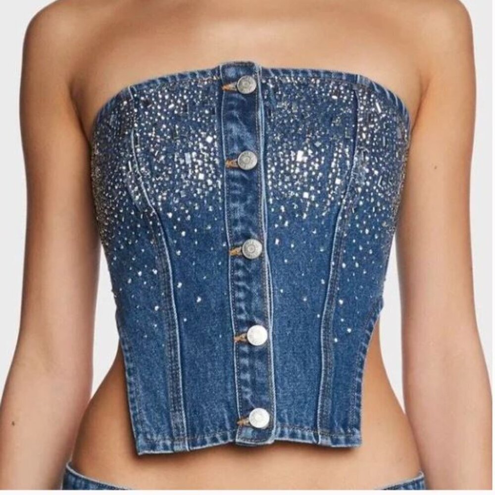 MILK IT Embellished Blue Denim Genie Top (Size 16)